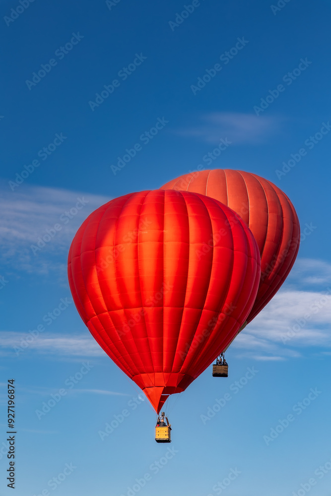 Fototapeta premium Vivid colorful hot air balloons close up against clear blue sky on sunny day