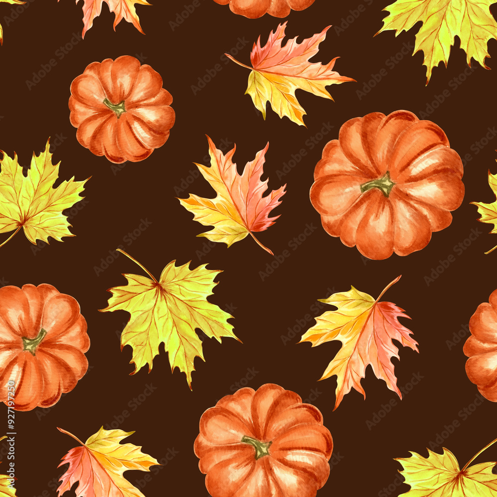 Fototapeta premium Pumpkins orange with maple leaves. Seamless patten for Autumn Harvest fest. Hand drawn watercolor illustration isolated. Thanksgiving vegetables. Backdrop for wallpaper, card, wrapping, textile, print