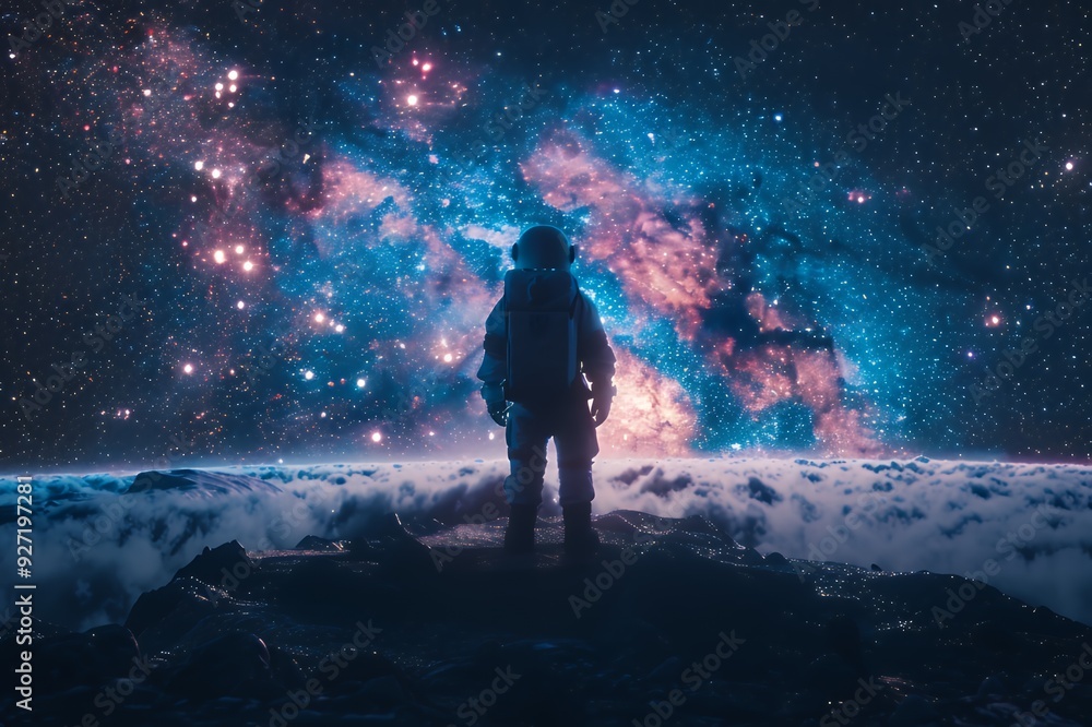 Fototapeta premium An astronaut stands on a mountaintop, gazing up at a starry night sky with a nebula in the distance.