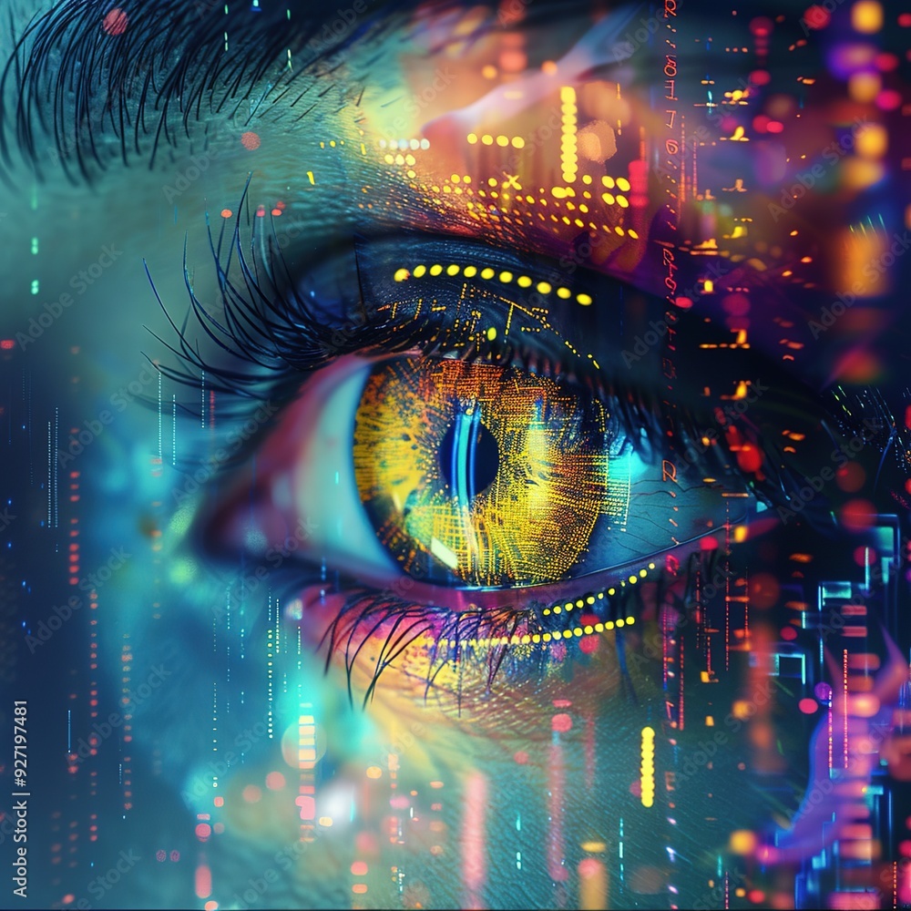 A close-up of an eye with digital effects, symbolizing technology and perception. A close-up of an eye with digital effects, symbolizing technology and perception.