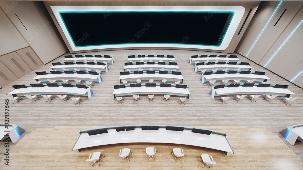 Obraz premium Modern high tech command center. Headquarters of the army command. Future military or astronomy base. 3d render illustration.