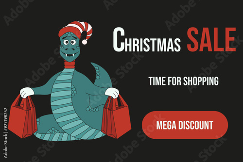 Template design Christmas Sale discord banner with funny snake. Xmas holiday discount concept isolated black background. Vector illustration can used web banner poster cover print. EPS 10