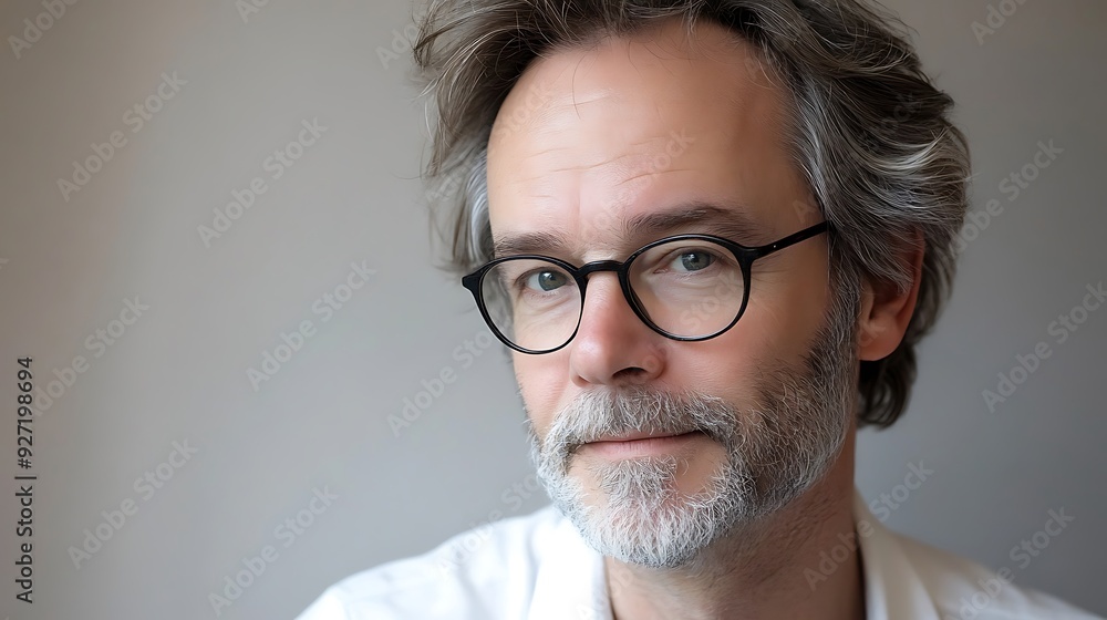 Fototapeta premium A middle-aged Caucasian man with glasses, featuring stylish gray hair and a thoughtful expression, posed against a soft neutral background.