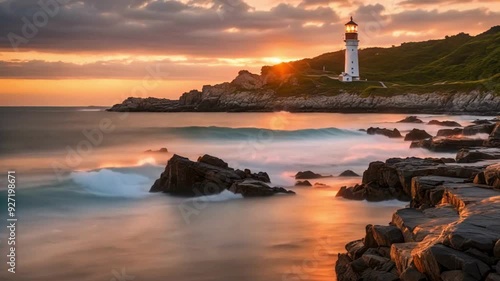 Aerial View of Peggy Cove Lighthouse at Sunset Atlantic Coastline Halifax Nova Scotia Canada Aerial View. An Old Lighthouse on a Rocky Ocean Shore with a Beautiful Evening Sunset.