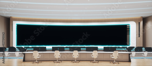 Modern high tech command center. Headquarters of the army command. Future military or astronomy base. 3d render illustration.