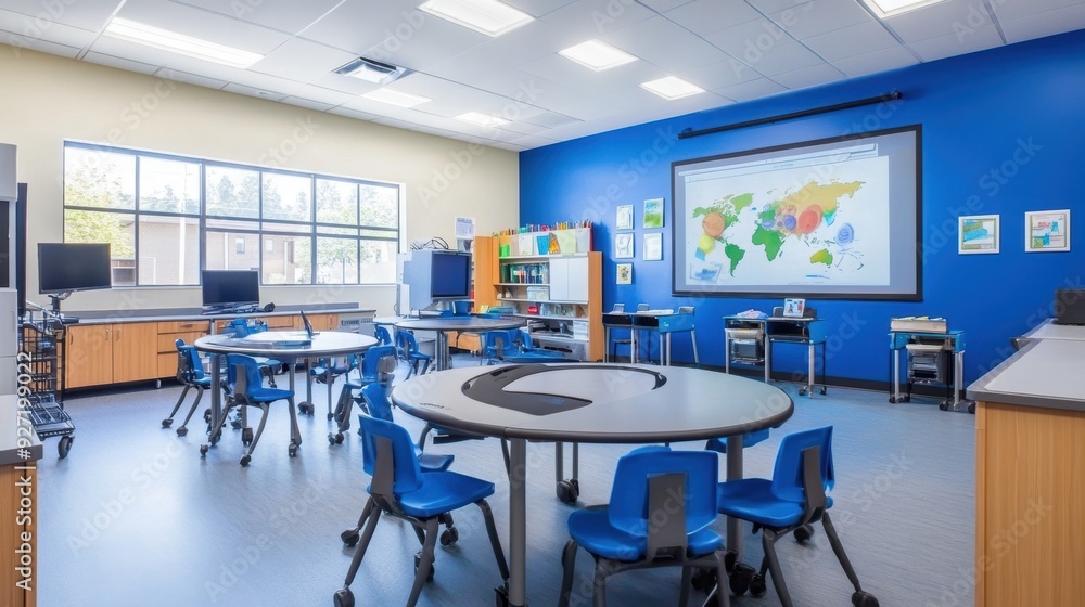 Modern Connected Classroom with Smart Boards, Tablets, and Educational Tools Modern Connected Classroom with Smart Boards, Tablets, and Educational Tools