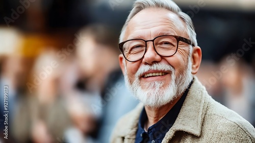 A smiling elderly Caucasian man with a gray beard, wearing glasses and a stylish coat, radiates warmth and joy in a bustling outdoor setting.