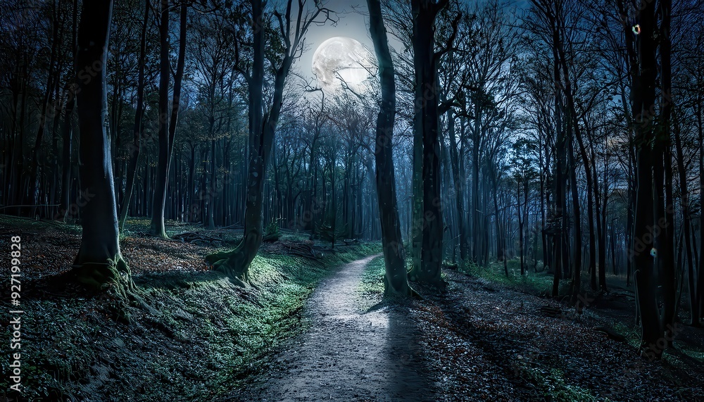 Fototapeta premium Owls hoot in the distance, their calls echoing through the silent woods. Fireflies dance among the trees, their bioluminescent lights twinkling like earthbound stars. A fox slinks quietly through the 