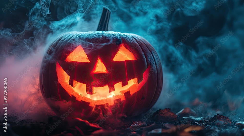 Naklejka premium A spooky jack-o-lantern glows in the dark. This image is perfect for Halloween-themed projects, website designs, social media posts, and more.