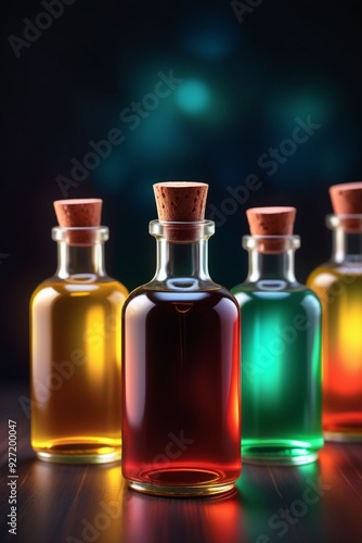 Many glowing colorful oils in bottles, vertical composition