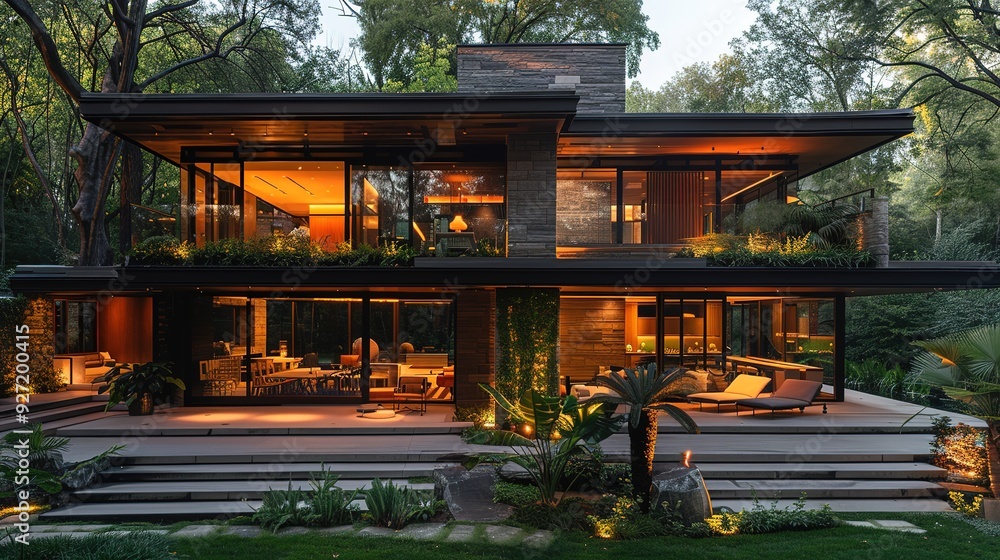 Modern home with warm lighting and lush greenery. Modern home with warm lighting and lush greenery.