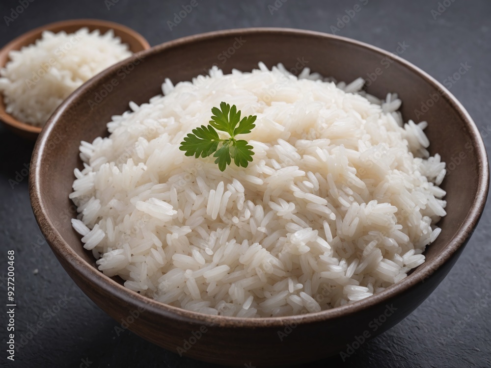 A close-up view of a bowl brimming with steamed white rice, set against a dark, textured backdrop that highlights the essence of the food and its simplicity A close-up view of a bowl brimming with steamed white rice, set against a dark, textured backdrop that highlights the essence of the food and its simplicity