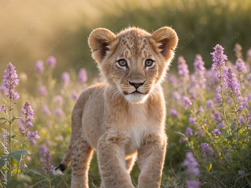 In a tranquil meadow, a diminutive and adorable lion cub, stands serenely among delicate light purple star-shaped flowers. In a tranquil meadow, a diminutive and adorable lion cub, stands serenely among delicate light purple star-shaped flowers.