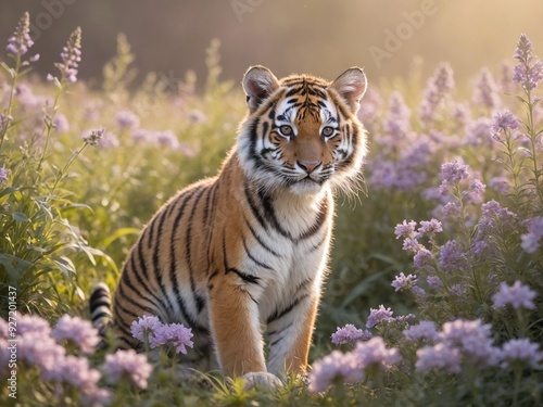 In a tranquil meadow, a diminutive and adorable tiger, stands serenely among delicate light purple star-shaped flowers