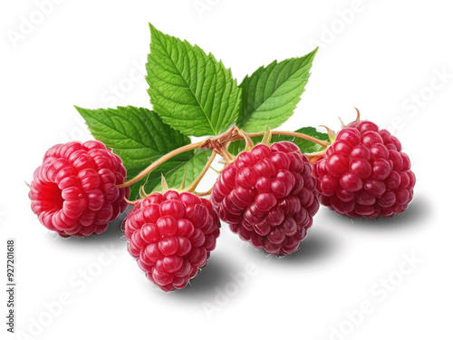 Realistic illustration, bunch of red raspberries, intricate details, white background, stunning studio style