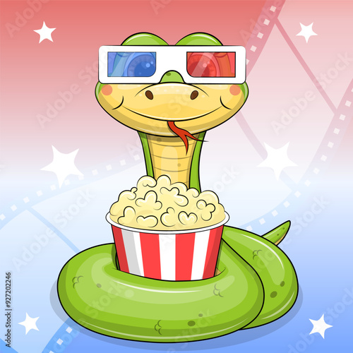 Cute cartoon green snake with 3d cinema glasses and popcorn. Vector illustration of an animal on a blue and red background with filmstrip.