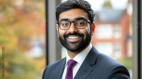 A South Asian man in a suit smiles confidently, showcasing a professional demeanor against a vibrant backdrop of autumn foliage.