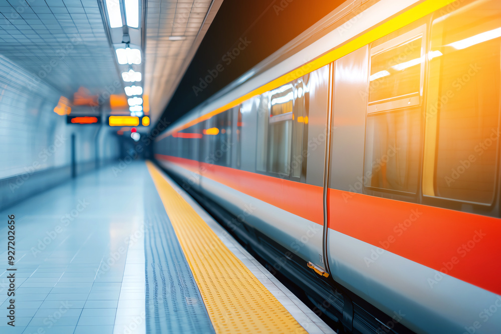 Fototapeta premium Sleek subway train arriving at a modern platform, showcasing urban travel and transportation in a vibrant city setting.