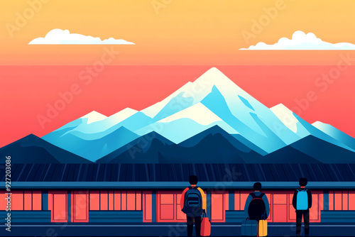 Silhouetted travelers admire a majestic mountain at sunset, capturing the beauty of nature and adventure in vibrant colors. photo