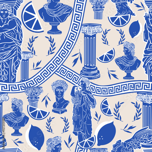 Classic Greek-inspired pattern featuring vases, columns, and statues in blue and white. This seamless design is perfect for decorative and educational purposes, reflecting ancient culture and art