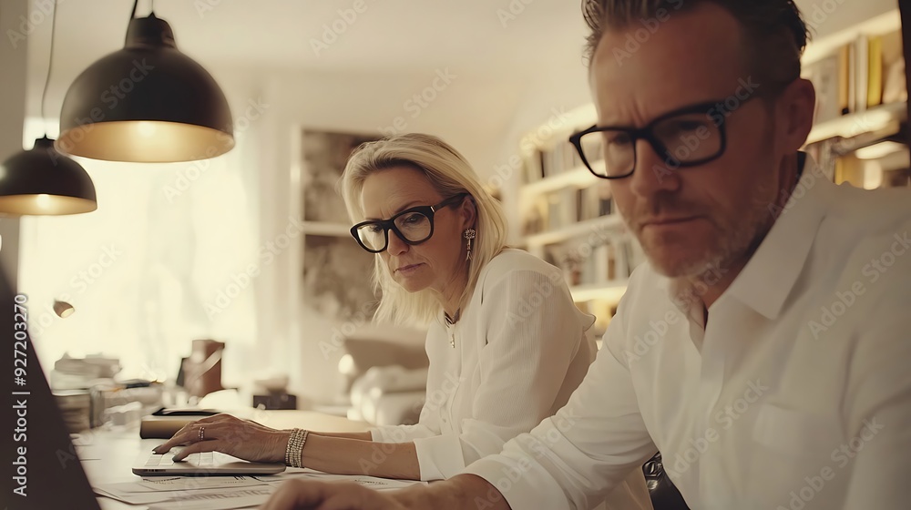 A middle-aged Caucasian man and woman, both wearing glasses, focus on their laptops in a stylish home office, conveying a collaborative and modern work environment. A middle-aged Caucasian man and woman, both wearing glasses, focus on their laptops in a stylish home office, conveying a collaborative and modern work environment.