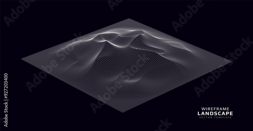 Wireframe landscape. Futuristic 3d mesh background. Digital hills technology. Vector illustration.