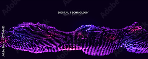 Digital landscape constructed with particles. Wavy 3d background. Vector illustration.