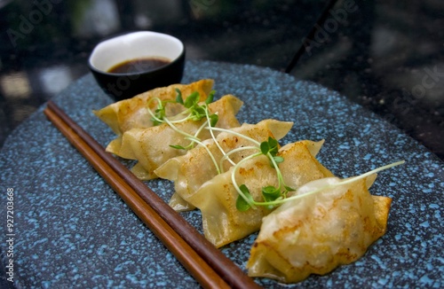 Senopati, South Jakarta - April 21, 2018: Gyoza with chopstick photo