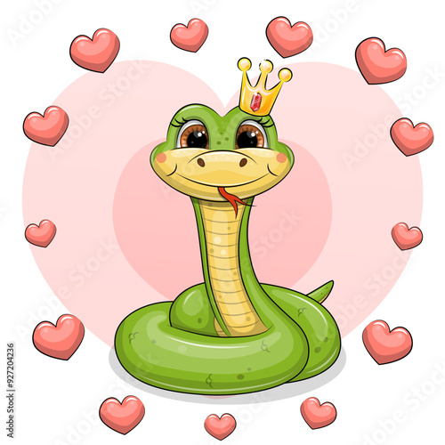 Cute cartoon green snake with a crown in a heart frame. Vector illustration of an animal on a red background.