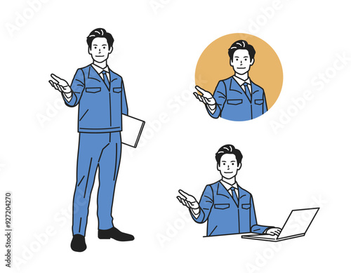 案内する男性_作業服の立ち姿