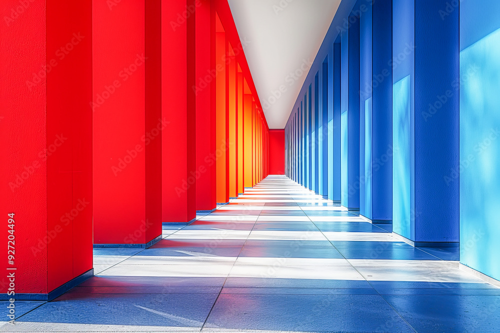 Modern architecture corridor featuring vibrant red and blue pillars Modern architecture corridor featuring vibrant red and blue pillars