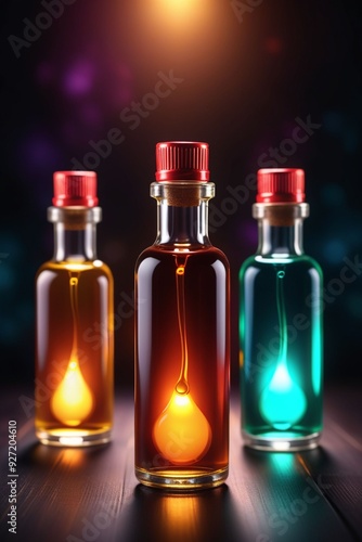 Many glowing colorful oils in bottles, vertical composition