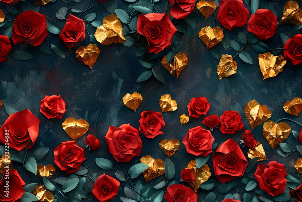 Red Roses and Golden Hearts Illustration Red Roses and Golden Hearts Illustration
