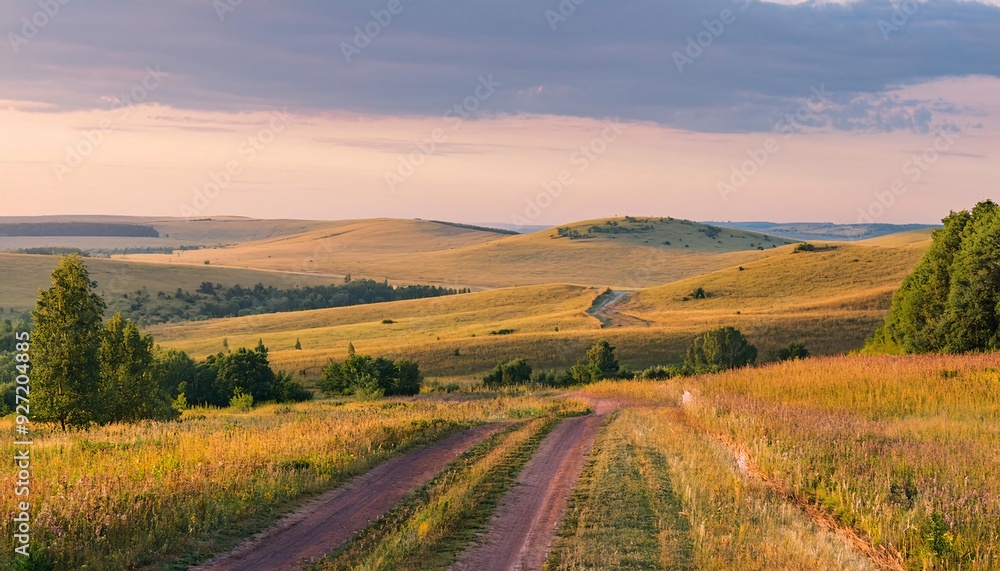 beautiful agricultural countryside view in the middle of summer. The landscape features green, lush hills in the distance. generative ai beautiful agricultural countryside view in the middle of summer. The landscape features green, lush hills in the distance. generative ai