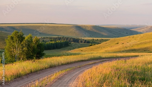 beautiful agricultural countryside view in the middle of summer. The landscape features green, lush hills in the distance. generative ai