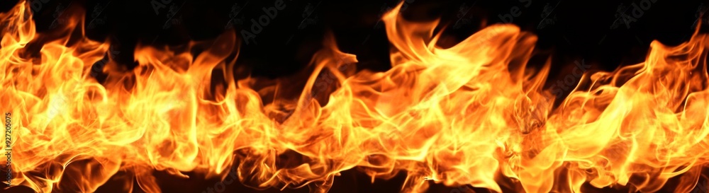 Horizontal banner of fire flames on a black background with ample copy space for text, showcasing abstract textures of orange and yellow flames, ideal for hot energy concepts. Horizontal banner of fire flames on a black background with ample copy space for text, showcasing abstract textures of orange and yellow flames, ideal for hot energy concepts.