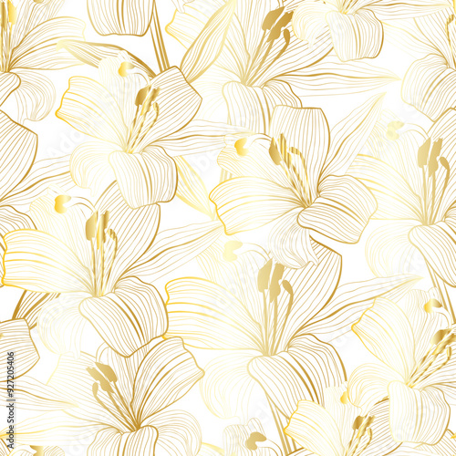 Elegant floral pattern featuring golden lilies on a white background, perfect for sophisticated wallpaper or textile designs. This seamless design exudes luxury and refinement