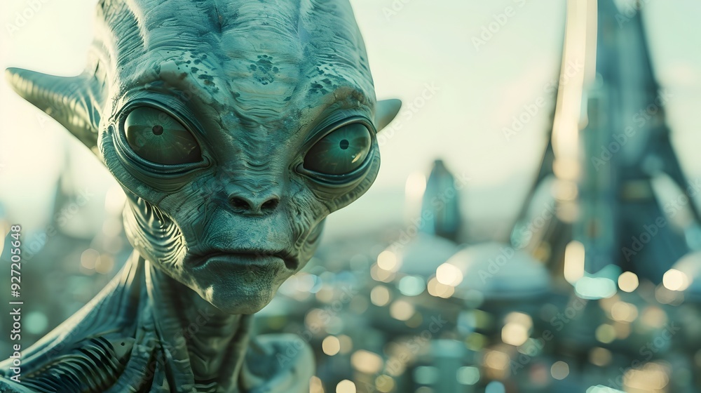 Curious Alien Exploring Futuristic City Skyline Blending Curiosity and Doubt Curious Alien Exploring Futuristic City Skyline Blending Curiosity and Doubt