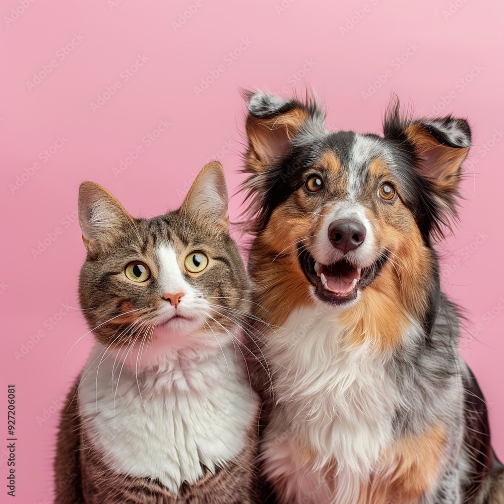 A happy cat and dog posing together against a pink background. A happy cat and dog posing together against a pink background.