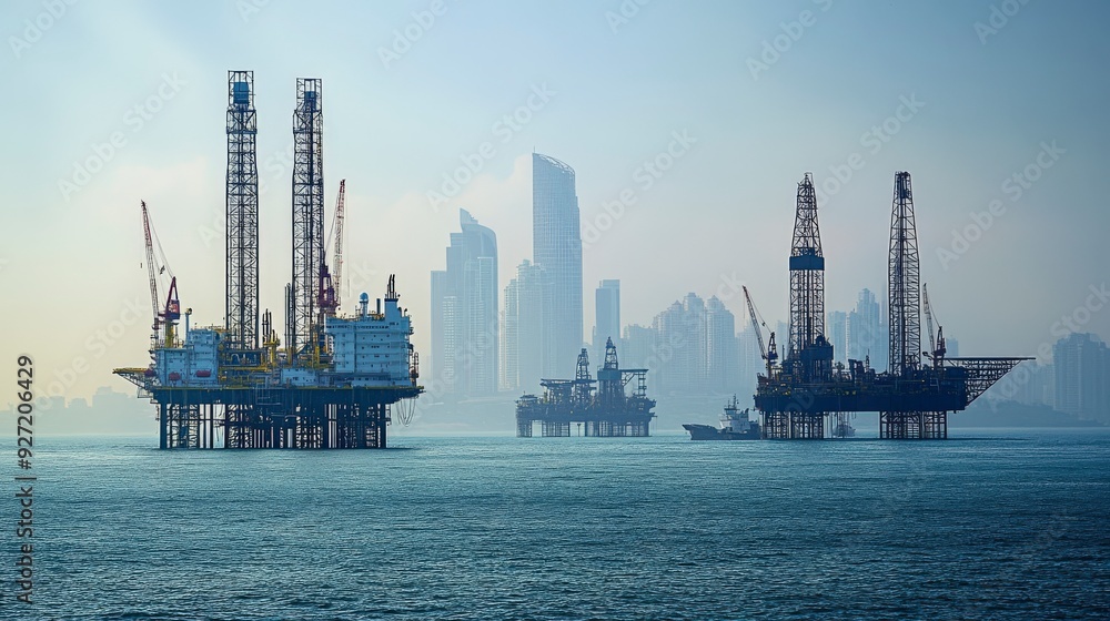 Three large oil rigs are silhouetted against a city skyline. Three large oil rigs are silhouetted against a city skyline.