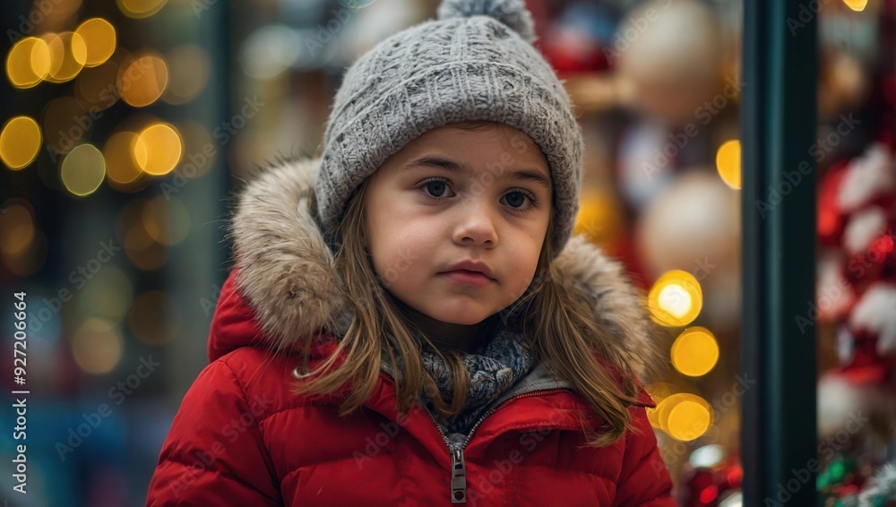 A young girl looks at christmas toys in a shop window A young girl looks at christmas toys in a shop window