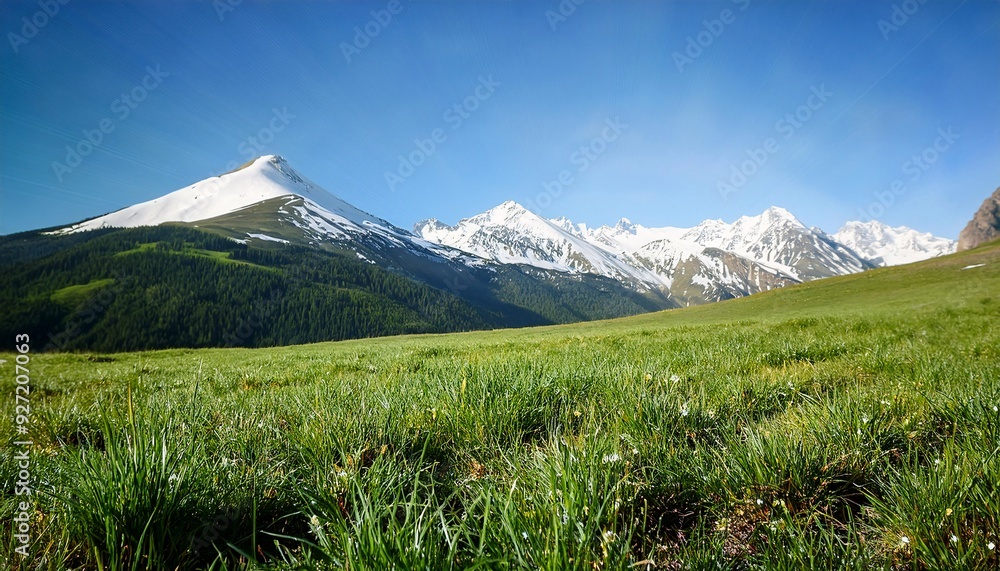 Fototapeta premium a bright spring scene with lush, fresh green grass in the foreground. GENERATIVE AI