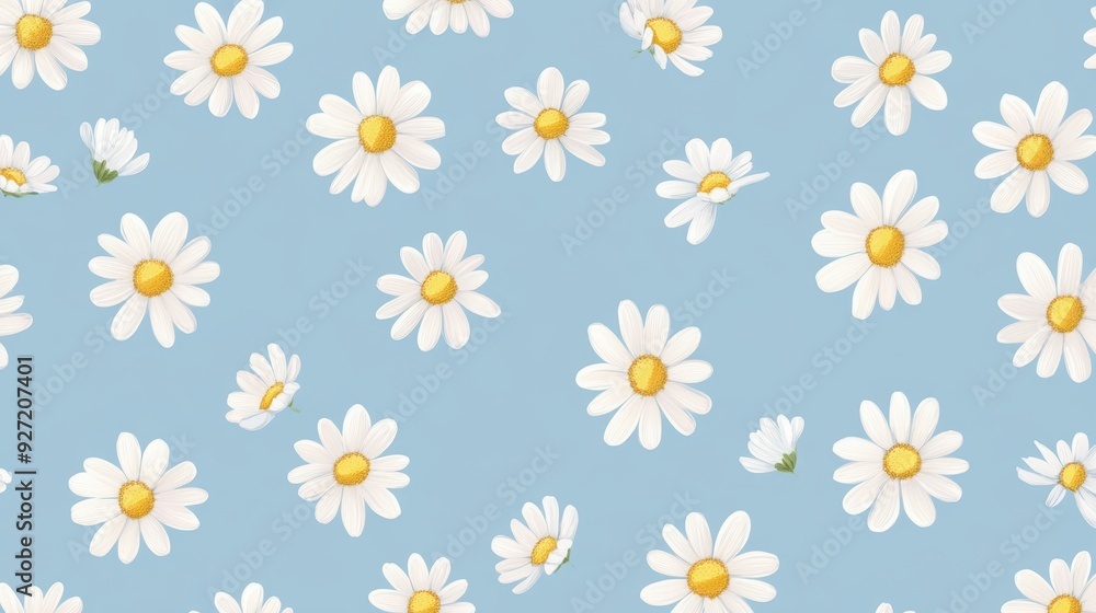 A pattern of white daisies on a light blue background, ideal for fabric or wallpaper design. A pattern of white daisies on a light blue background, ideal for fabric or wallpaper design.
