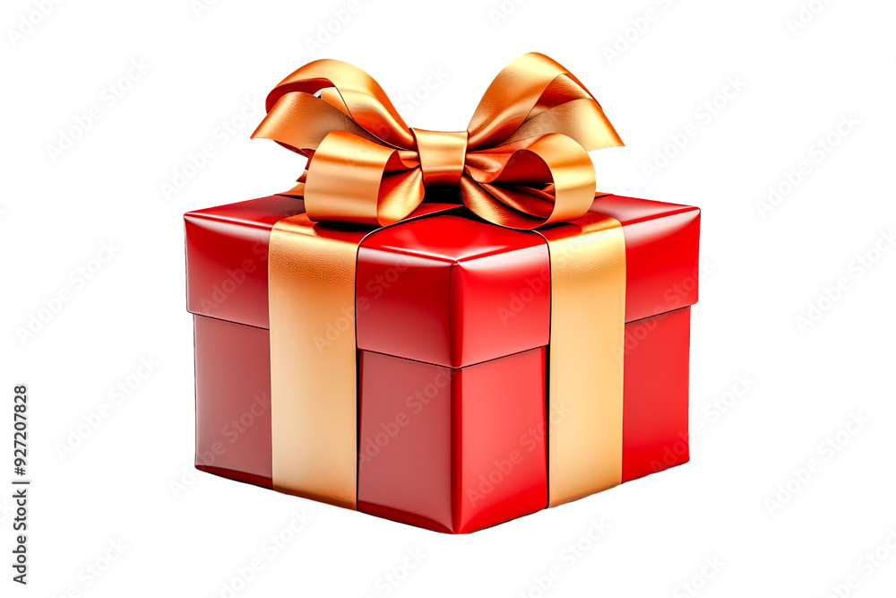 Rote Geschenkbox mit einer festlichen goldenen Schleife, freigestellt vor transparentem Hintergrund, Generative AI