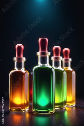 Many glowing colorful oils in bottles, vertical composition