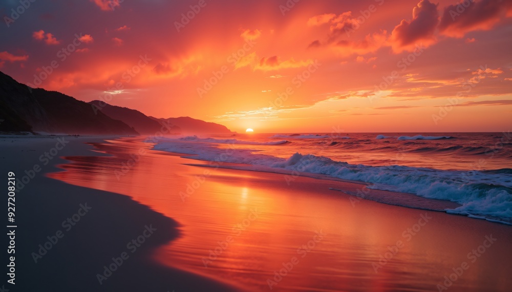 Stunning Sunset Over Calm Ocean with Vibrant Red and Orange Sky Reflecting on Serene Beach Shoreline - Tranquil Nature Scene Captured at Golden Hour Stunning Sunset Over Calm Ocean with Vibrant Red and Orange Sky Reflecting on Serene Beach Shoreline - Tranquil Nature Scene Captured at Golden Hour