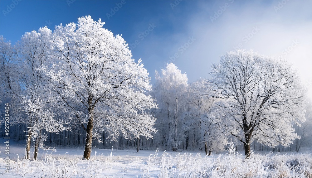 the trees are covered in white frost, creating a stunning winter scene. GENERATIVE ai the trees are covered in white frost, creating a stunning winter scene. GENERATIVE ai