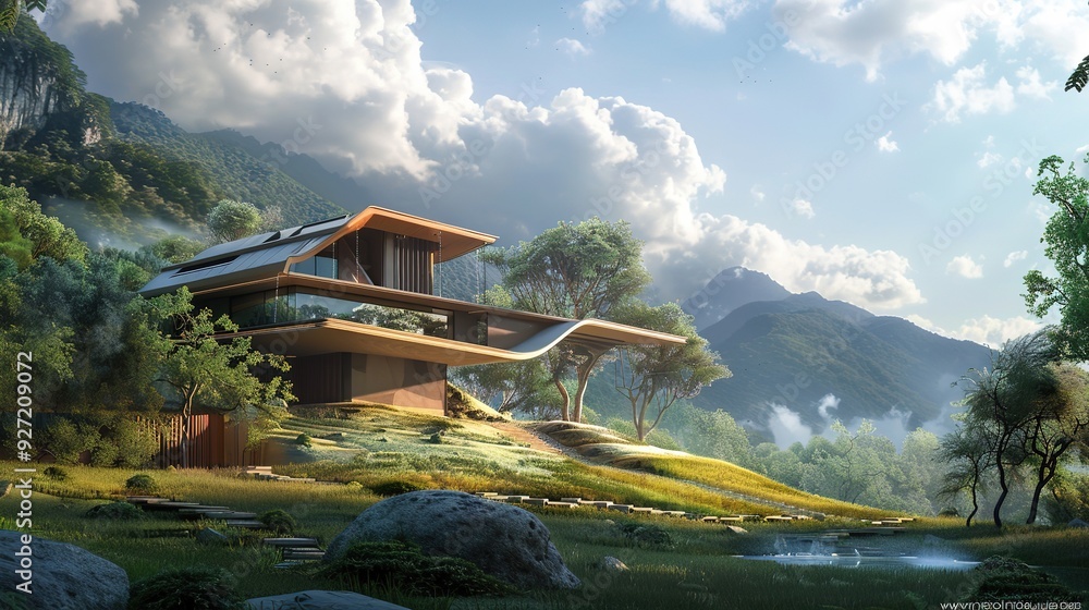 Obraz premium Modern house with a mountain backdrop, surrounded by lush greenery and a small pond.