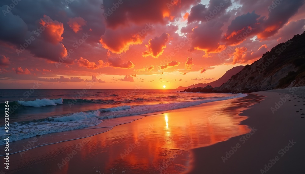 Stunning Sunset Over Calm Ocean with Vibrant Red and Orange Sky Reflecting on Serene Beach Shoreline - Tranquil Nature Scene Captured at Golden Hour Stunning Sunset Over Calm Ocean with Vibrant Red and Orange Sky Reflecting on Serene Beach Shoreline - Tranquil Nature Scene Captured at Golden Hour
