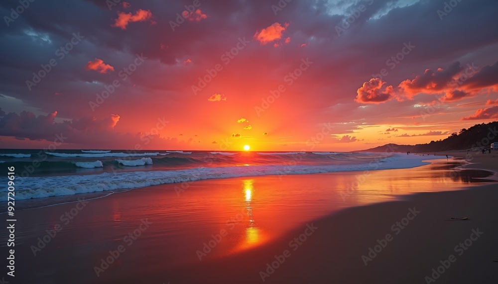 Stunning Sunset Over Calm Ocean with Vibrant Red and Orange Sky Reflecting on Serene Beach Shoreline - Tranquil Nature Scene Captured at Golden Hour Stunning Sunset Over Calm Ocean with Vibrant Red and Orange Sky Reflecting on Serene Beach Shoreline - Tranquil Nature Scene Captured at Golden Hour
